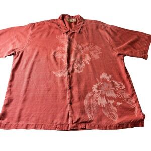 Tommy Bahama XXL Silk Hibiscus Floral Coral Stripe Button Down Shirt